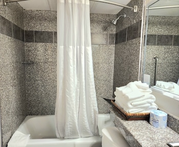 Combined shower/tub, eco-friendly toiletries, hair dryer, towels