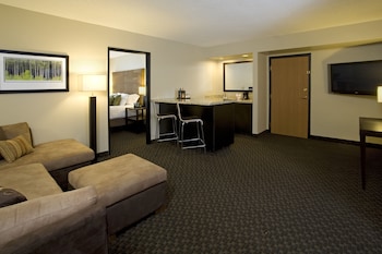 Deluxe Suite, 1 King Bed | Living area | 32-inch flat-screen TV with cable channels, TV, pay movies