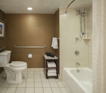 Combined shower/tub, free toiletries, hair dryer, towels