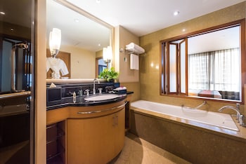 Separate tub and shower, free toiletries, hair dryer, bathrobes