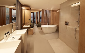 Suite | Bathroom | Shower, free toiletries, hair dryer, bathrobes