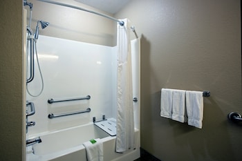 Combined shower/tub, free toiletries, hair dryer, towels