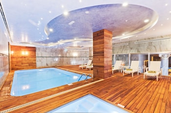 Indoor pool, outdoor pool, sun loungers