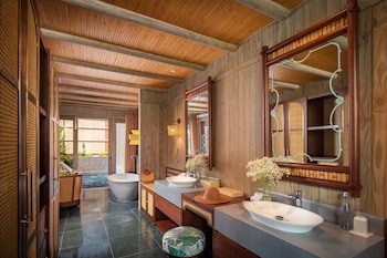 Garden Pool Villa | Bathroom | Rainfall showerhead, designer toiletries, hair dryer, bathrobes