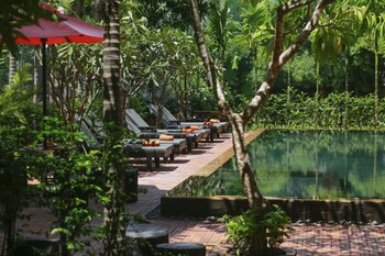 Outdoor pool, pool umbrellas, sun loungers