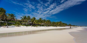 Private beach, white sand, sun loungers, beach towels