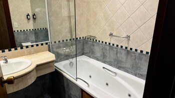 Separate tub and shower, jetted tub, rainfall showerhead