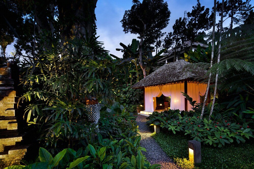 Tropical garden with a thatched-roof pavilion and lush plants