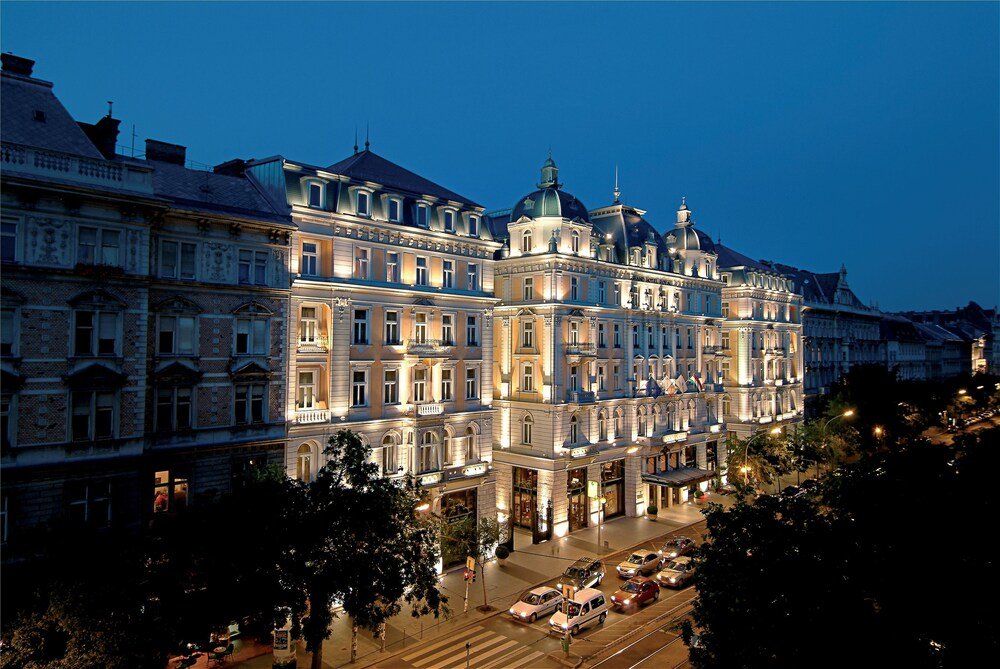 Historic hotel façade on a city street in Budapest
