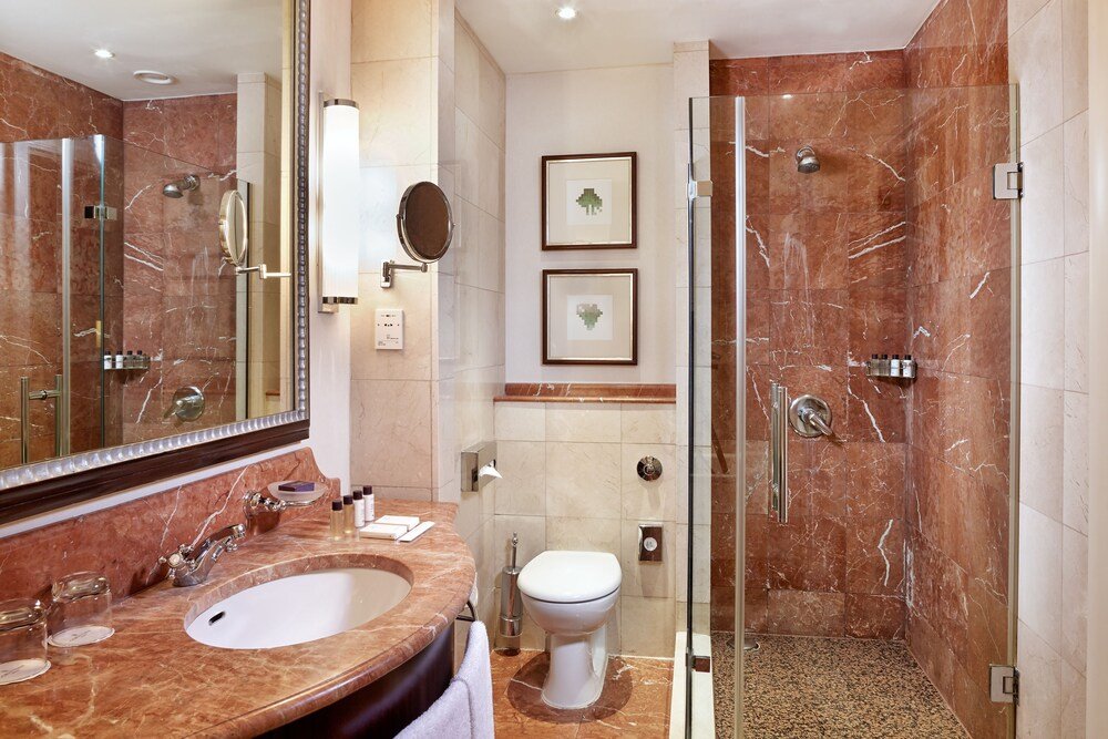 Marble bathroom with elegant fittings in a hotel room