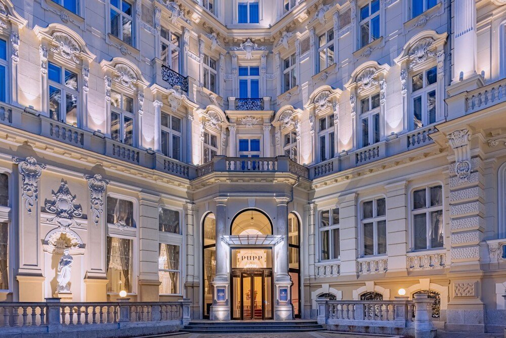 Grand ornate hotel facade in classical Neo-Baroque architecture